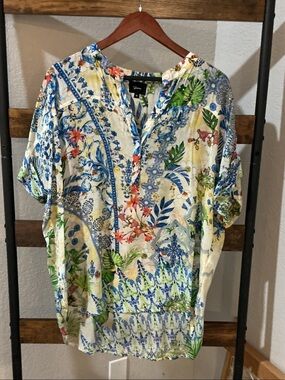 Sabina Floral Print Short-Sleeve Button-Down Shirt - Multicolor Blue/Green